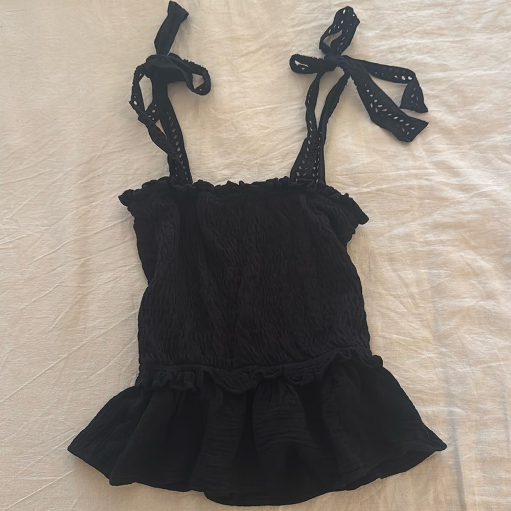 Anthropologie Black Ruffle Tie-Strap Tank Top